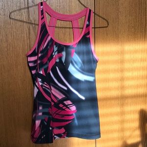 Ladies pink, red and black tank top with built in bra. Size medium.